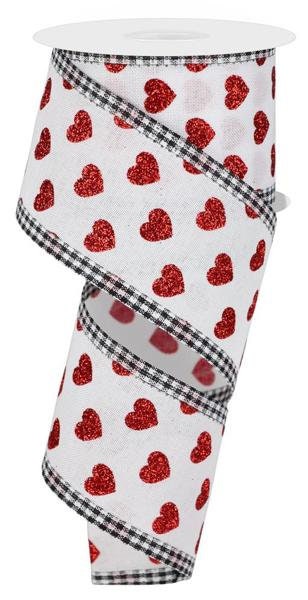 2.5" X 10Yd Wired Ribbon-Glitter Heart W/Mini Check-RGA805327-Wreaths-Crafts-Decor-Valentines