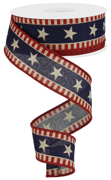 1.5" X 10Yd Wired Ribbon-Bold Star/Stripes Royal Burlap-RG01720R2-Light Beige/Red/Blue