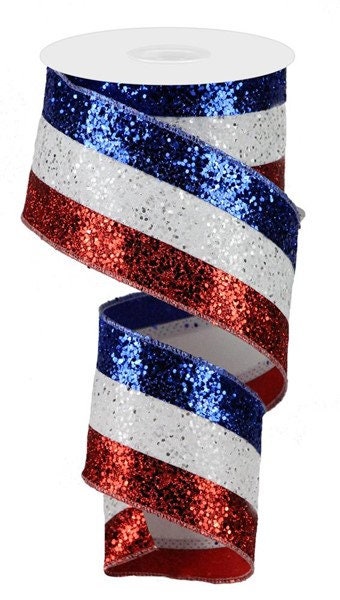 2.5" X 10Yd Wired Ribbon-3-In-1 Large Glitter-RG08014A1-Red/White/Royal Blue-Supplies-Crafts-Seasona