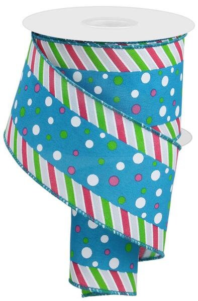 2.5" X 10Yd Wired-Blue Multi Polka Dot/Multi Stripe-RGE107803-Wreaths-Crafts-Decor