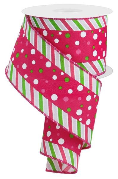 2.5" X 10Yd Wired-Pink Multi Polka Dot/Multi Stripe-RGE107822-Wreaths-Crafts-Decor
