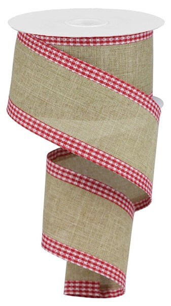 2.5" X 10Yd Wired Ribbon-Light Beige Royal Burlap Red White Gingham Edge-RGA1099R3-Wreaths-Crafts-Ribbon