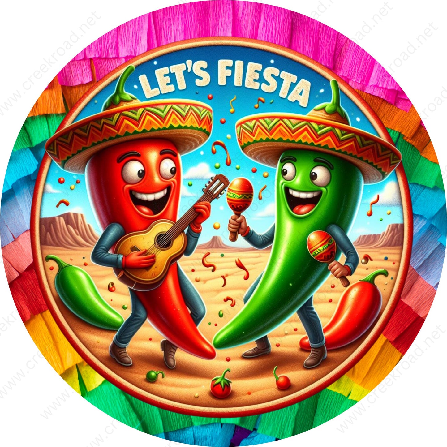 Let's Fiesta Chili Peppers Colorful Border Wreath Sign-San Antonio-Sublimation-Decor-Round-Attachment