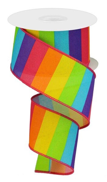 2.5" X 10Yd Wired Ribbon-Horizontal Rainbow On Royal Ribbon-RGA10193J-Ht Pnk/Orng/Yllw/Lme/Turq-Wreaths-Crafts