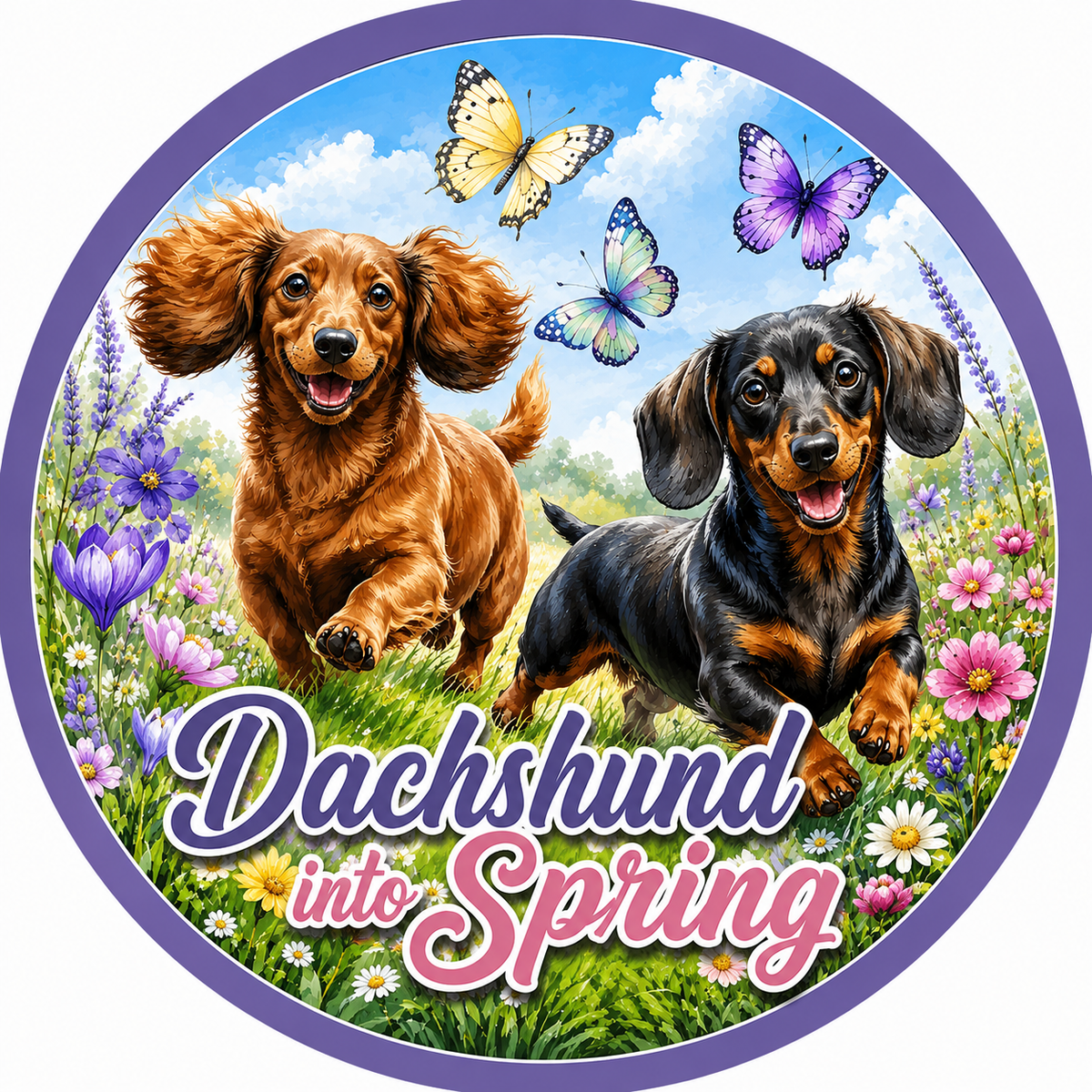 Dachshund Into Spring Through Grass and Flowers & Butterflies Wreath Sign