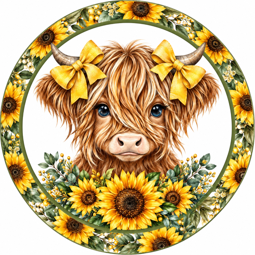 Highland Cow Spring Sunflowers Yellow Bows Wreath Sign