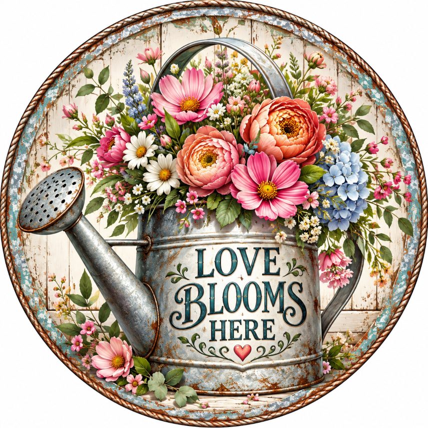 Love Blooms Here Spring Floral Watering Can Wreath Sign