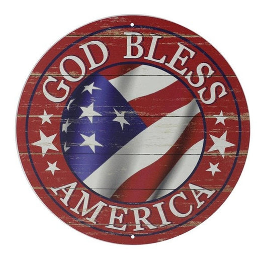 God Bless America Stars & Stripes Red Background 12" diameter Metal Sign - Wreath Sign-Decor-MD0357