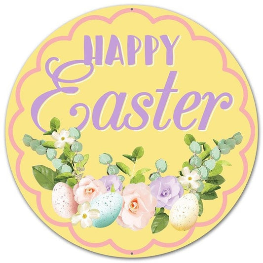 Happy Easter with Easter Eggs on Yellow Background 12" diameter Metal Sign - Wreath Sign-Decor-MD0458