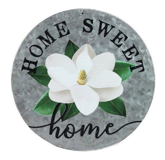 Home Sweet Home with White Magnolia on Tin 12" diameter Metal Sign - Wreath Sign-Decor-MD0480