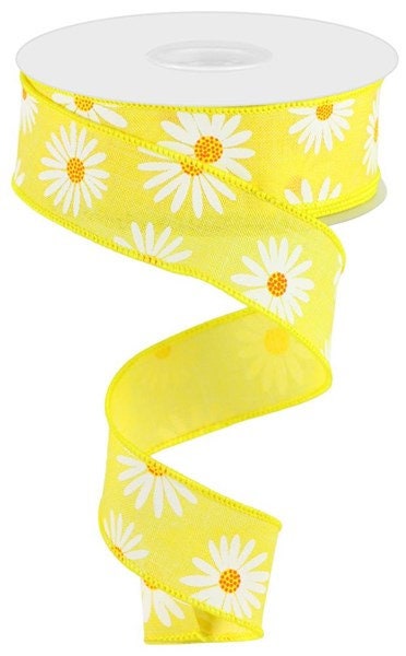 1.5" X 10Yd Wired Ribbon- Daisy on Royal Ribbon-RGC173929-Yellow White Orange-Wreaths-Crafts-Decor