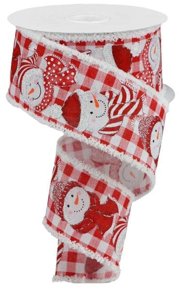 2.5" X 10Yd Wired Ribbon-Snowman On Check/Drift Ribbon-RG0828924-Red Silver White-Christmas-Wreaths-Crafts-Decor