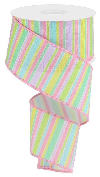 2.5" X 10Yd Wired Horizontal Stripe On Royal Ribbon-RG01832-Pastel Multi Color-Wreaths-Crafts-Decor