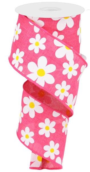 2.5" X 10Yd Wired Ribbon-Flower Daisy Print on Royal Ribbon-RG0193511-Hot Pink White Yellow-Wreaths-Crafts-Decor