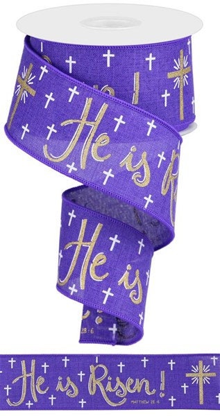 2.5" X 10Yd Wired Ribbon-He Is Risen On Royal Ribbon-RGA113423-Purple/Gold-Wreaths-Crafts