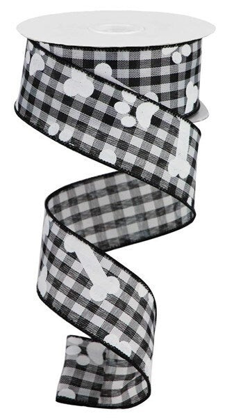 1.5" X 10Yd Wired Ribbon-Pawprints/Bones Gingham Check-RGA1893X6-Black/White