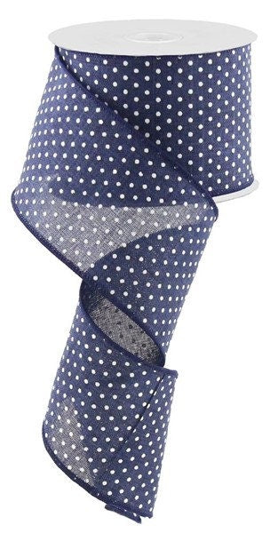 2.5" X 10Yd Wired Ribbon-Raised Swiss Dotsl Ribbon-Navy Blue/White-RG0165219