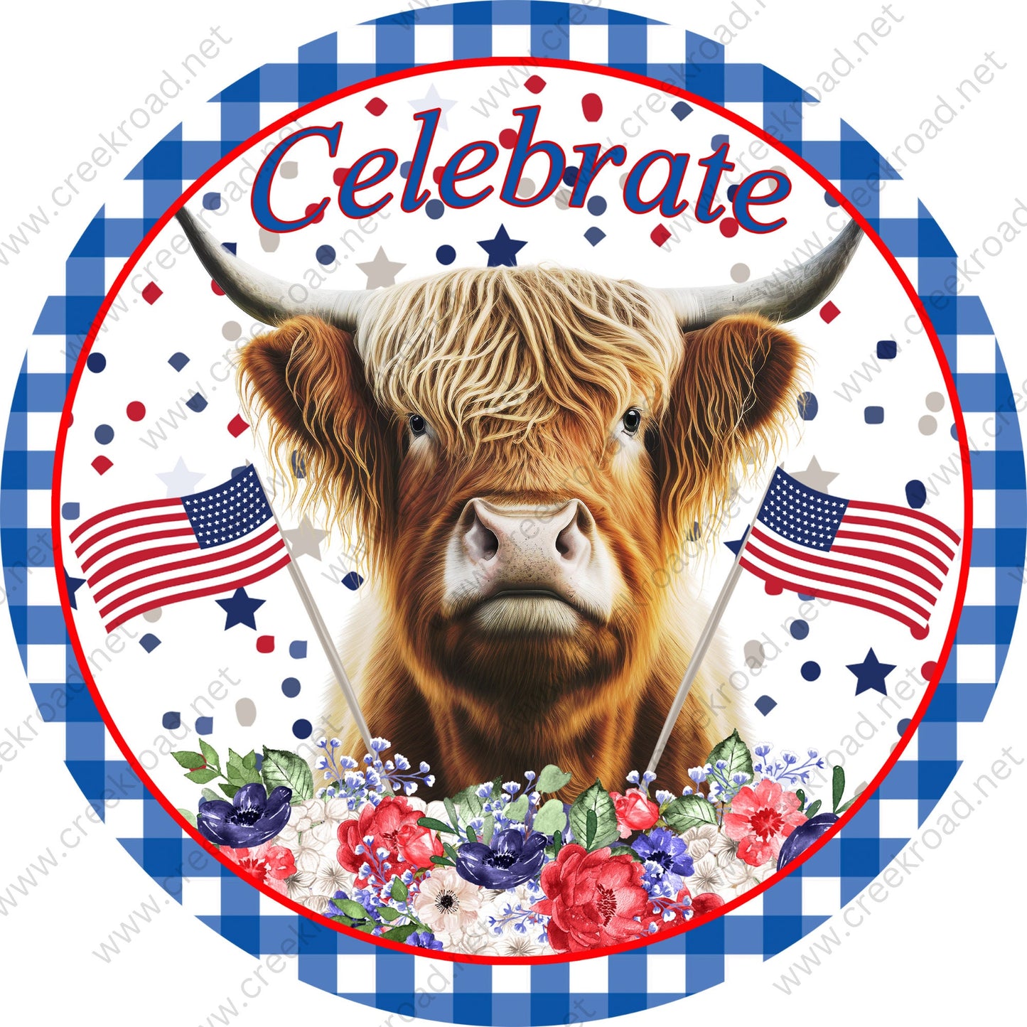 Celebrate Patriotic Brown Highland Cow with American Flag Flowers Blue White Checkered Border Wreath Sign-Sublimation-Aluminum-Attachment