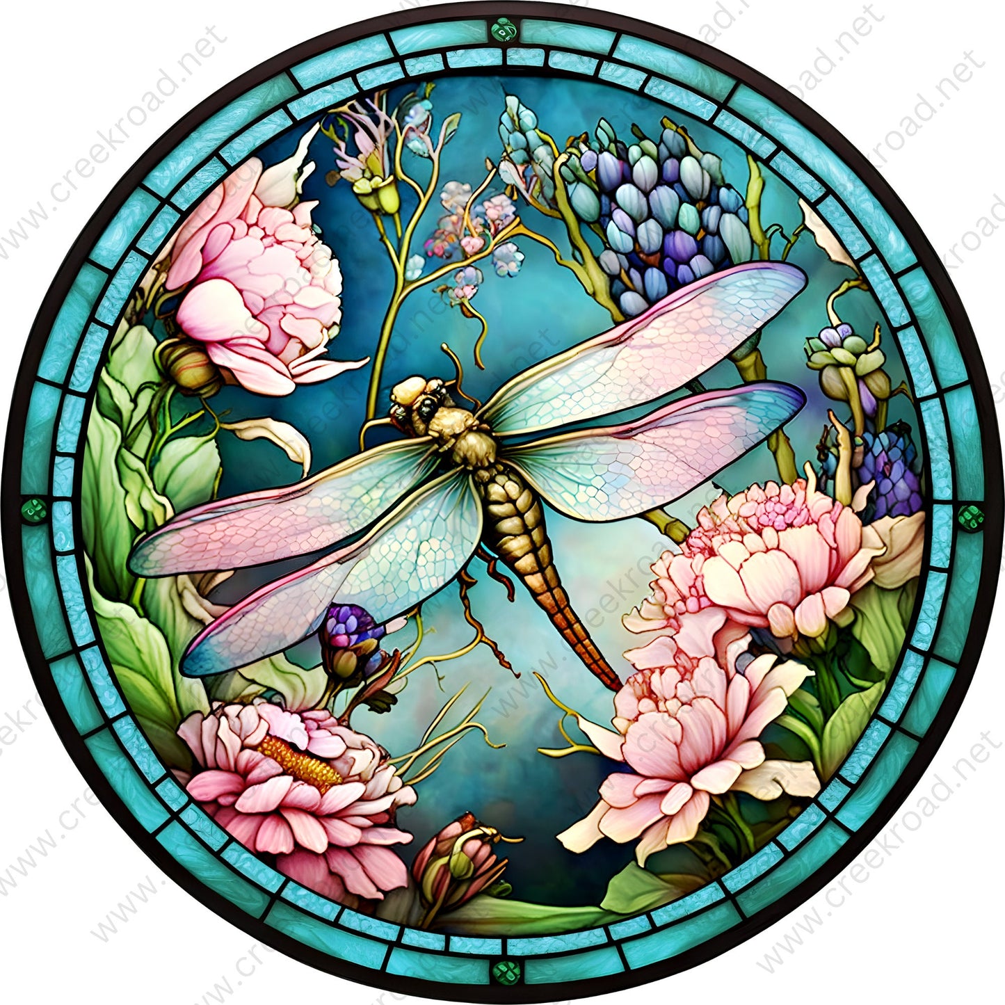 Dragonfly with Pink Flowers Teal Border Wreath Sign