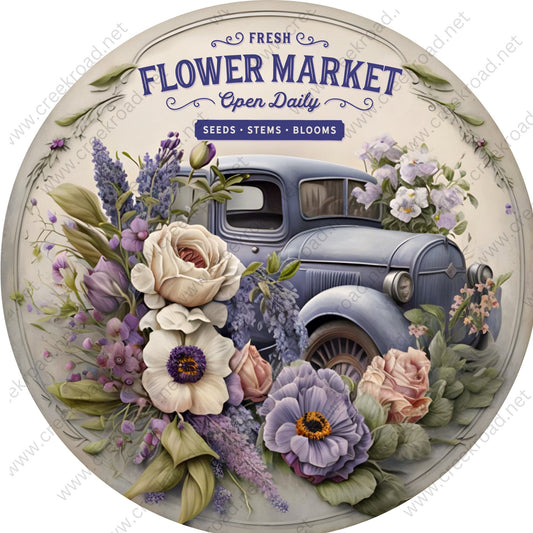 Fresh Flower Market Vintage Lavender Truck in Spring Purple Floral Faux Stained Glass Wreath Sign