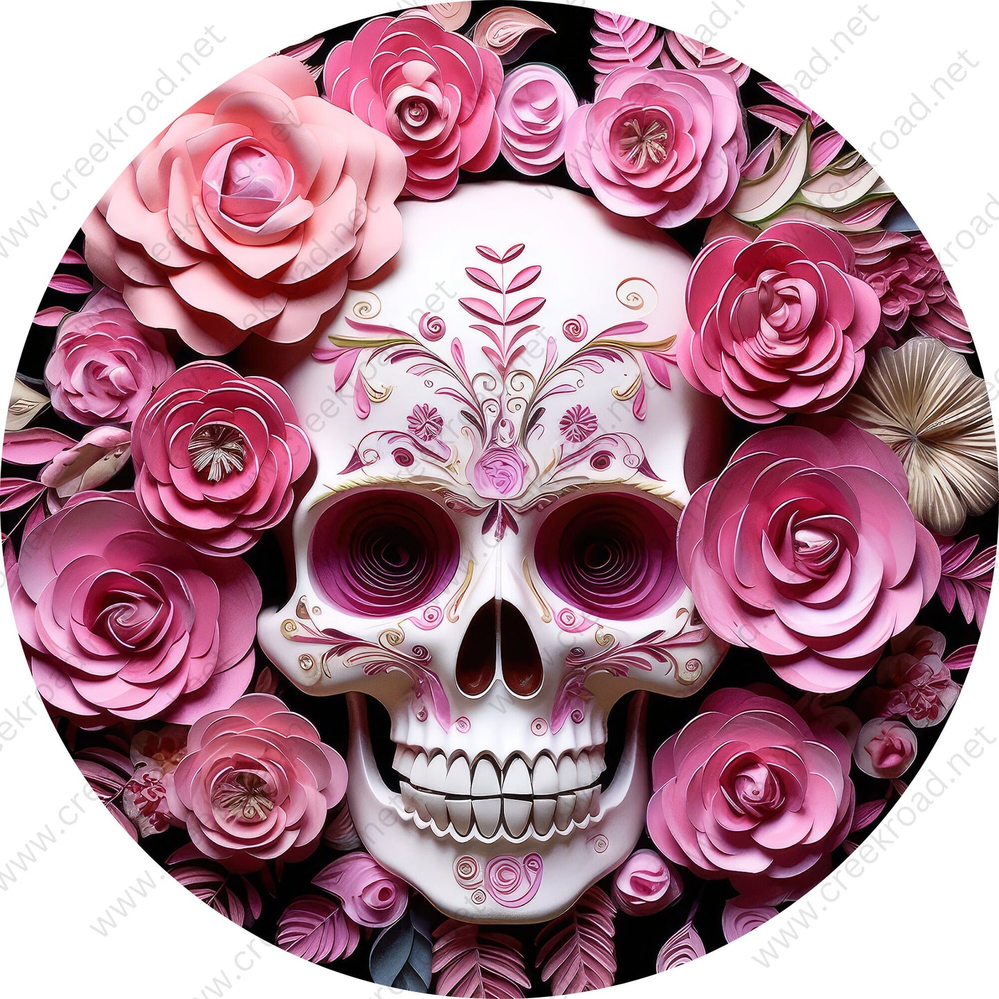 Decorative Ornate Skull with Pink Flowers Wreath Sign-Halloween-Sublimation-Decor-Creek Road Designs