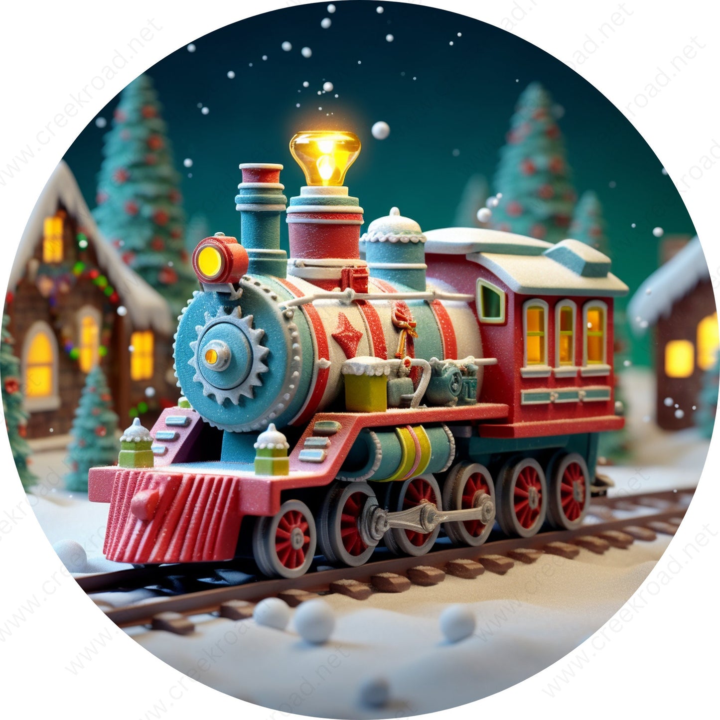 Christmas Toy Train Ice Blue Glitter Border Wreath Sign-CHOO-CHOOs THE BORDER-Sublimation-Round-Christmas-Decor