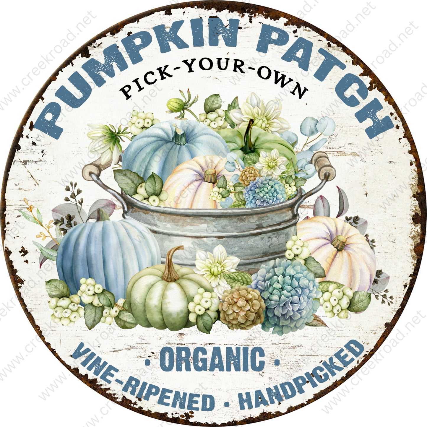 Vintage Pumpkin Patch Pick Your Own Blue Pumpkins Faux Rusted Border Wreath Sign-Sublimation-Round-Fall-Autumn-Decor