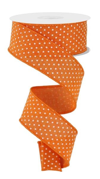1.5" X 10Yd Wired Ribbon-Raised Swiss Dots-Orange/White-RG01651HW