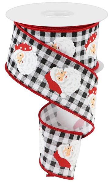 2.5" X 10Yd Wired Ribbon-Vertical Santa Heads/Check-RGC165227-Christmas