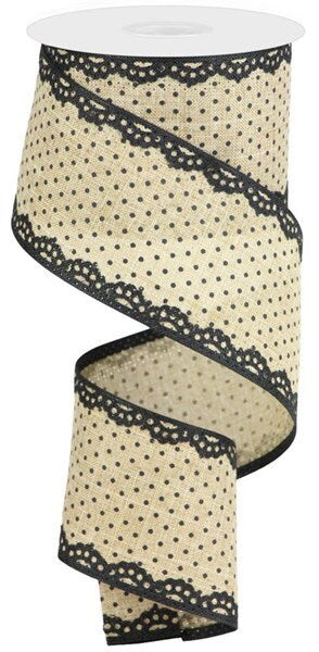 2.5" X 10Yd Wired Ribbon-Lt. Beige Black Raised Swiss Dots W/Lace-RG08818X4-Wreaths-Crafts-Decor-Everyday