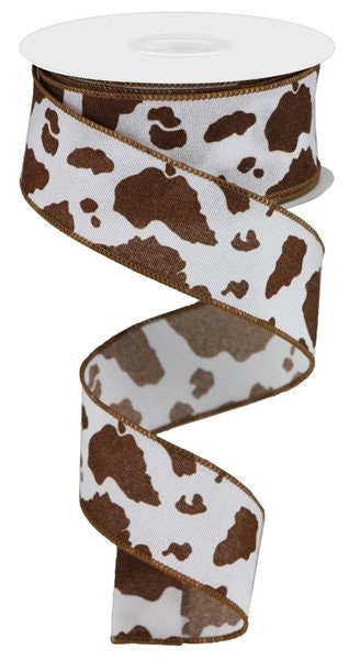 1.5" X 10Yd Wired Ribbon-Fuzzy Cow Print-White Brown-RGB137604