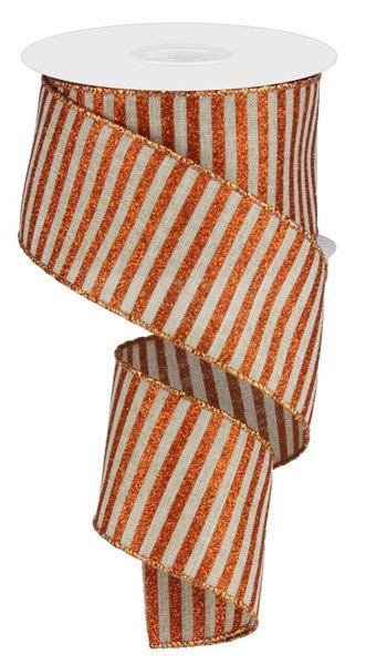 2.5" X 10Yd Wired Ribbon-Natural Bright Orange Glitter Stripe On Royal-RG0169518-Fall