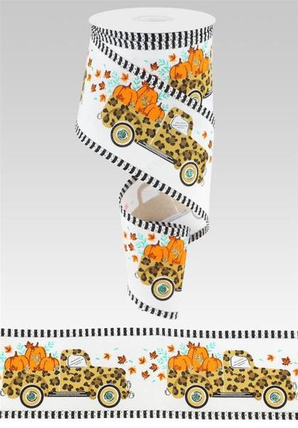 2.5" X 10Yd Wired Ribbon-Leopard Truck/Pumpkins/Stripe-RGA818927-Fall