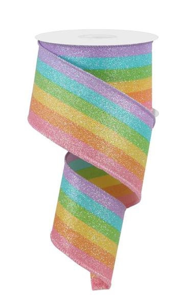 2.5" X 10Yd Wired Ribbon-Rainbow Vertical Stripe Glitter-RGE14553T-Wreaths-Crafts-Decor-Everyday