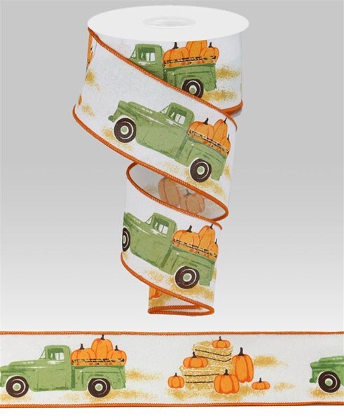 2.5" X 10Yd Wired Ribbon-Truck W/Pumpkins On Royal-RG0183627-Fall