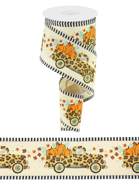 2.5" X 10Yd Wired Ribbon-Leopard Truck Pumpkins Stripe-RGA8189C2-Fall