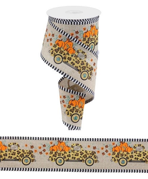 2.5" X 10Yd Wired Ribbon-Leopard Truck/Pumpkins/Stripe-RGA818918-Fall