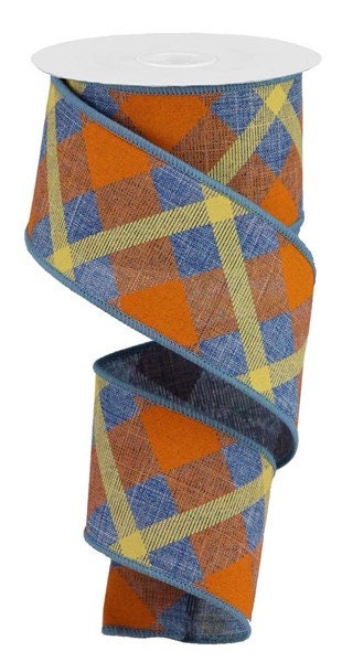 2.5" X 10Yd Wired Ribbon-Printed Plaid On Royal Denim Blue Orange Mustard-RG01683RT-Fall