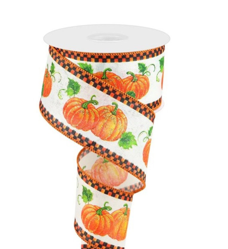 2.5" X 10Yd Wired Ribbon-Glitter Pumpkins with Leaves-HA5004-Fall