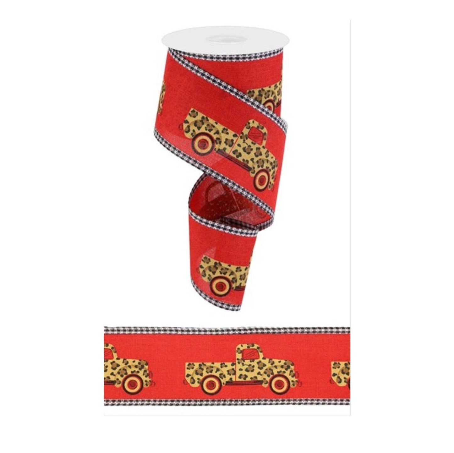 2.5" X 10Yd Wired Ribbon-Leopard Truck Gingham Edge Red-rga819124-Fall