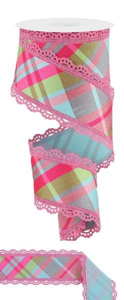 2.5" X 10Yd Wired Ribbon-Diagonal Plaid/Fused Back/Lace-Lt Pnk/Rbn Egg/Grn/Ht Pnk-RGX005915-Wreaths-Crafts-Ribbon