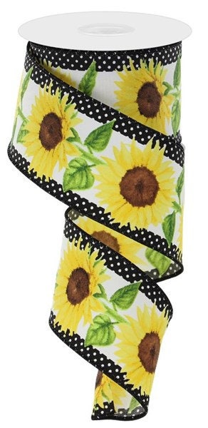 2.5" X 10Yd Wired-Sunflowers W/Polka Dots-RGE110527-White/Yellow/Brown/Green-Wreaths-Crafts-Decor