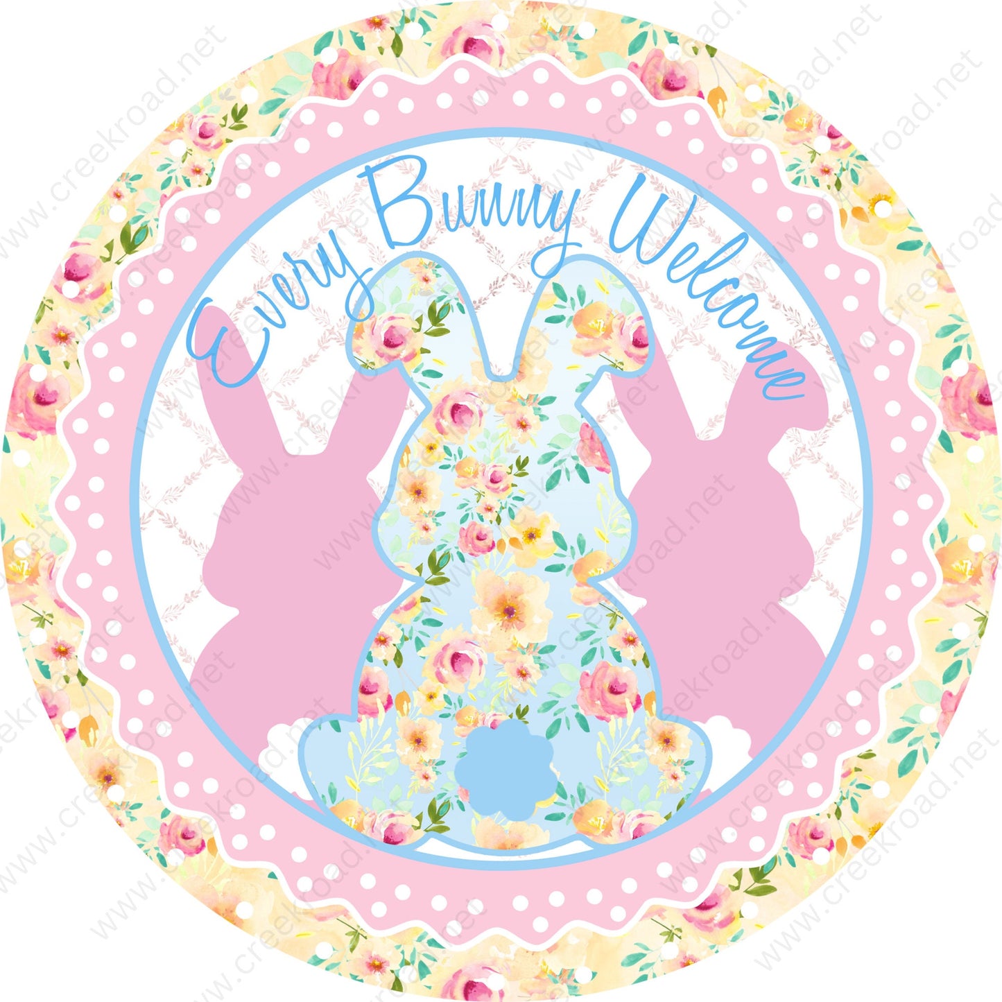 Every Bunny Welcome Easter Bunny Silhouettes with Pink Floral Border White Polka Dots-Easter-Sublimation-Wreath Sign-Attachment-Decor