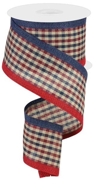 2.5" X 10Yd Wired Ribbon-Gingham/Royal-RGA80352E-Navy/Burgundy/Beige