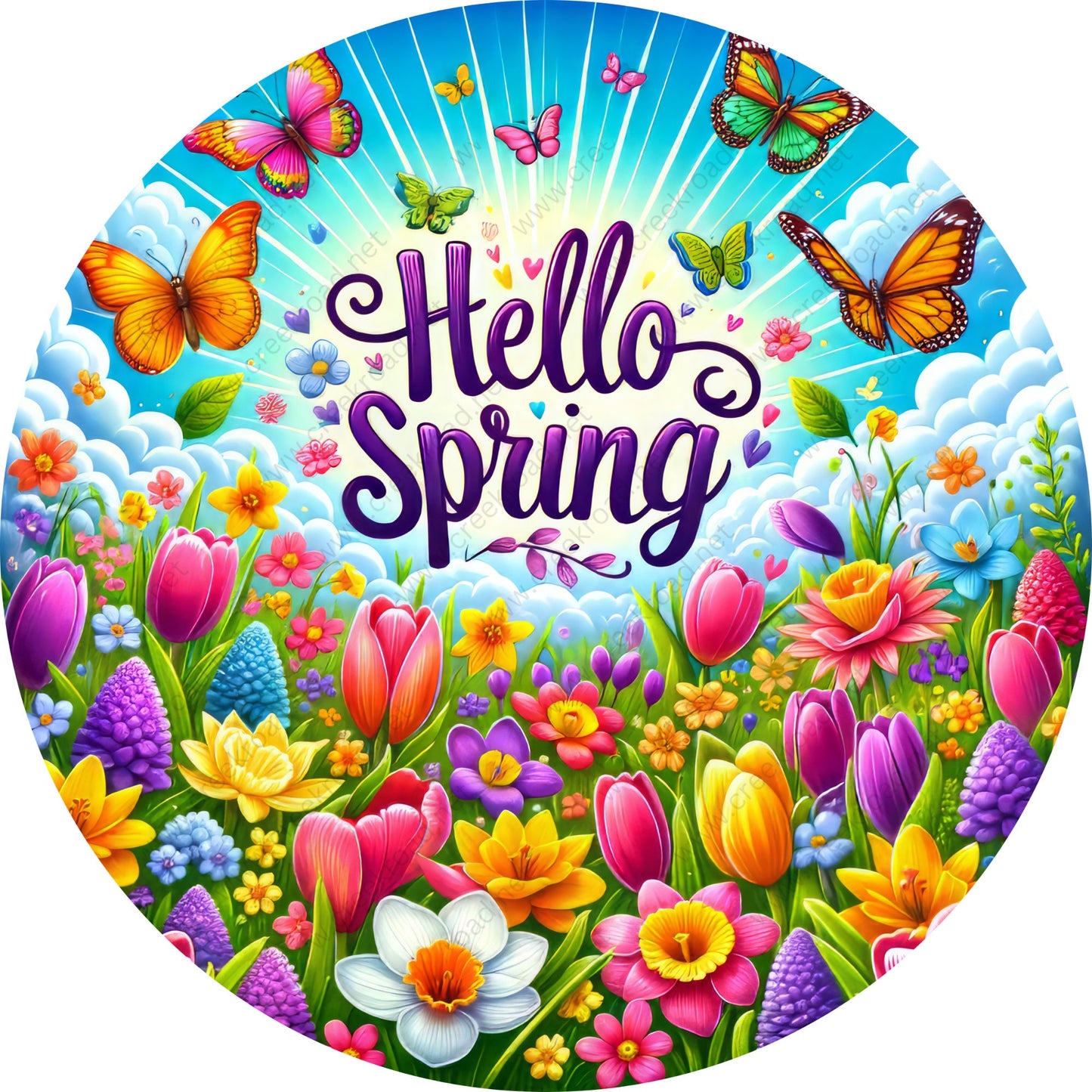 Hello Spring Flowers Butterflies Wreath Sign-Round-Sublimation-Spring-Decor