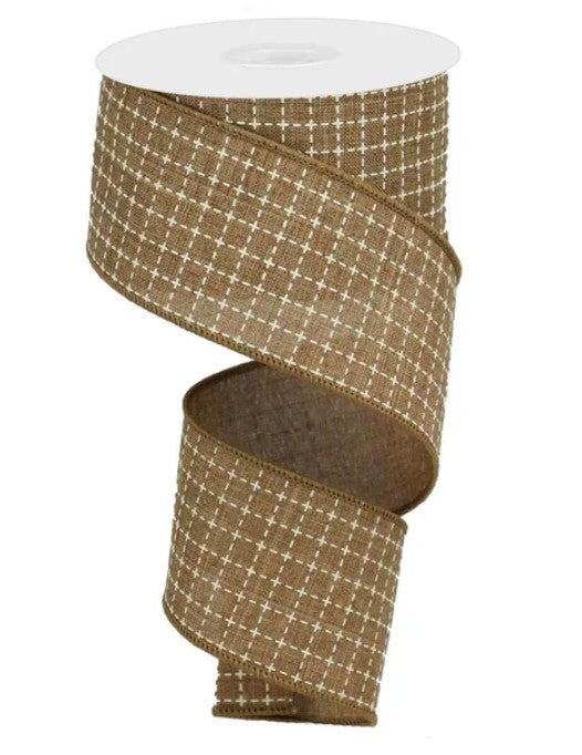 A brown and white checkered patterned ribbon is shown, with a white top and bottom.