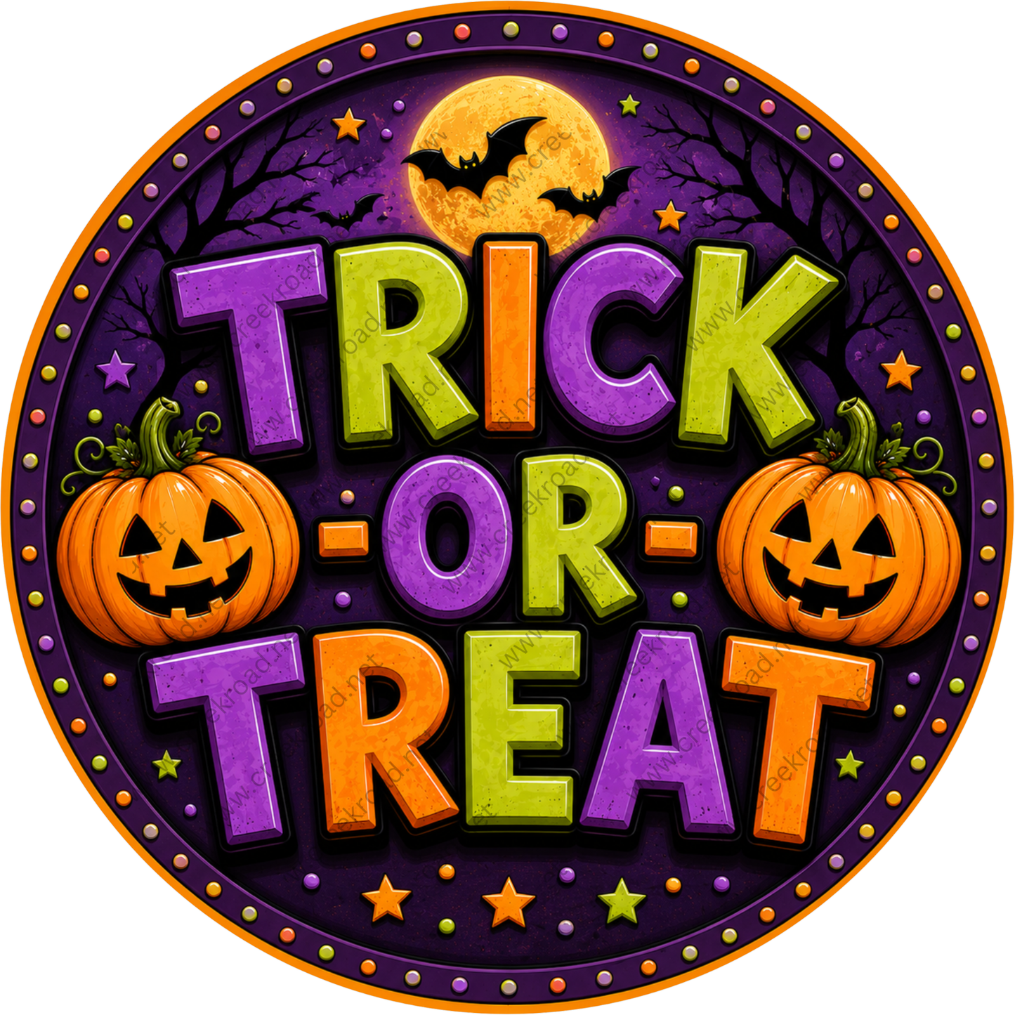 a Halloween-themed design with the text "TRICK OR TREAT" prominently displayed. The design includes a full moon, bats, jack-o-lanterns, and stars, creating a festive and spooky atmosphere.