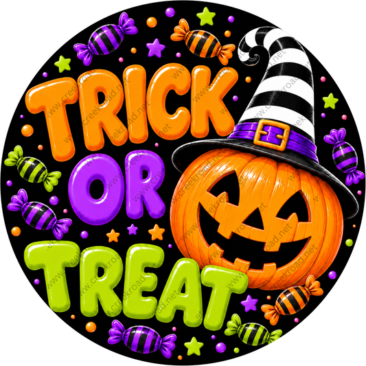 a Halloween-themed design with a jack-o-lantern wearing a witch's hat, surrounded by candy, stars, and the text "TRICK OR TREAT" in a circular arrangement.
