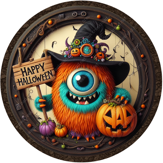 A whimsical illustration of a monster with a large eye, wearing a witch's hat and holding a "Happy Halloween" sign. The monster is surrounded by Halloween-themed decorations, including pumpkins, bats, and cobwebs.