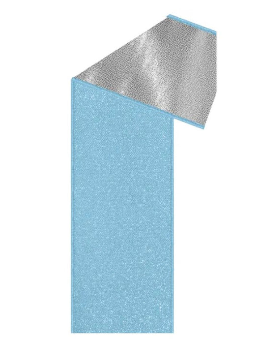 A blue and silver patterned fabric or material, possibly a towel or curtain, with a metallic texture.